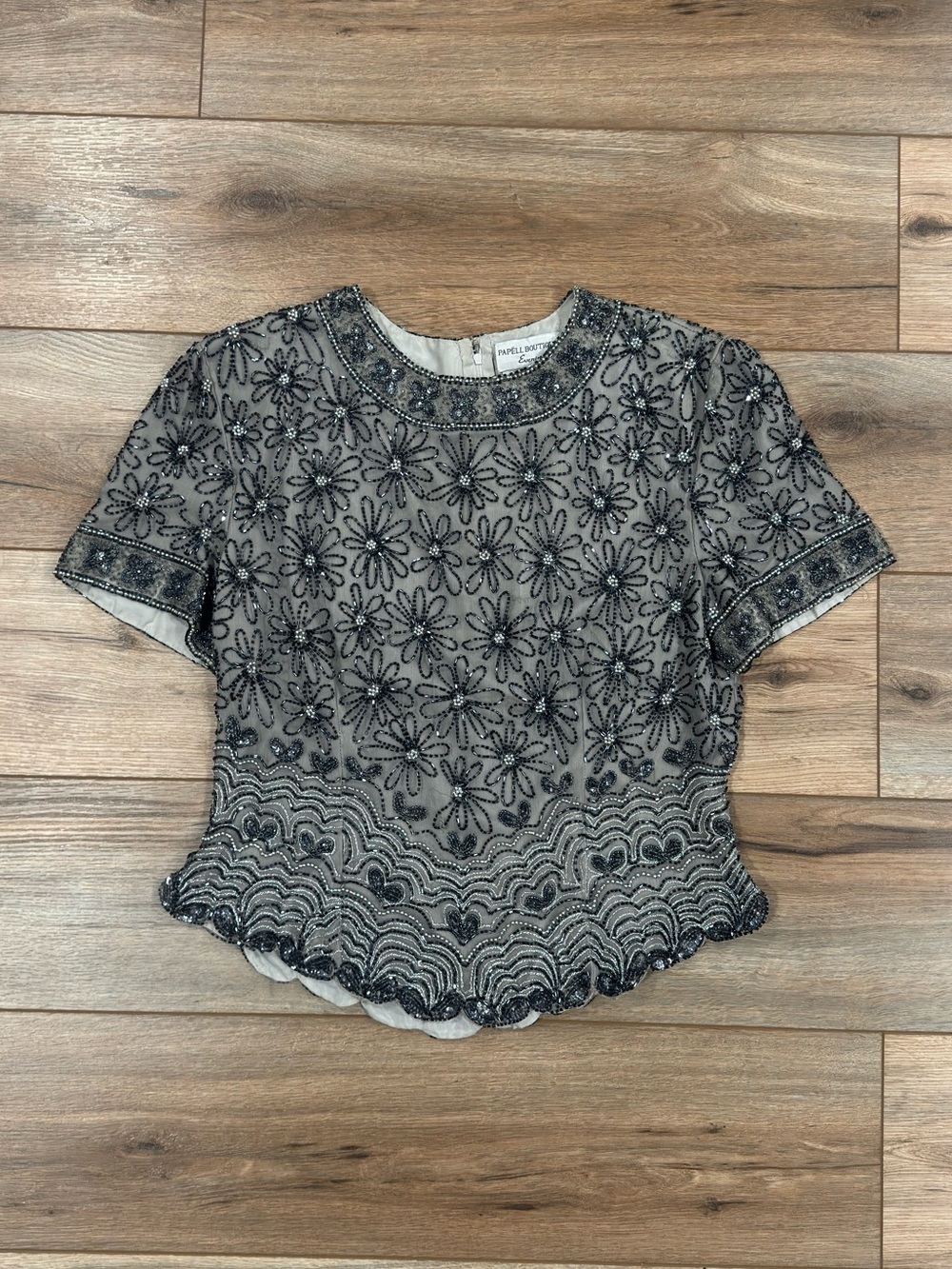 PAPELL BOUTIQUE Vintage 90s Y2k Silver 100% Silk Beaded Blouse | Size XL